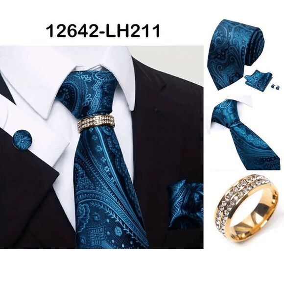Teal, Black Paisley Men's Tie with Handkerchief, Cufflinks, & Diamond Tie Ring